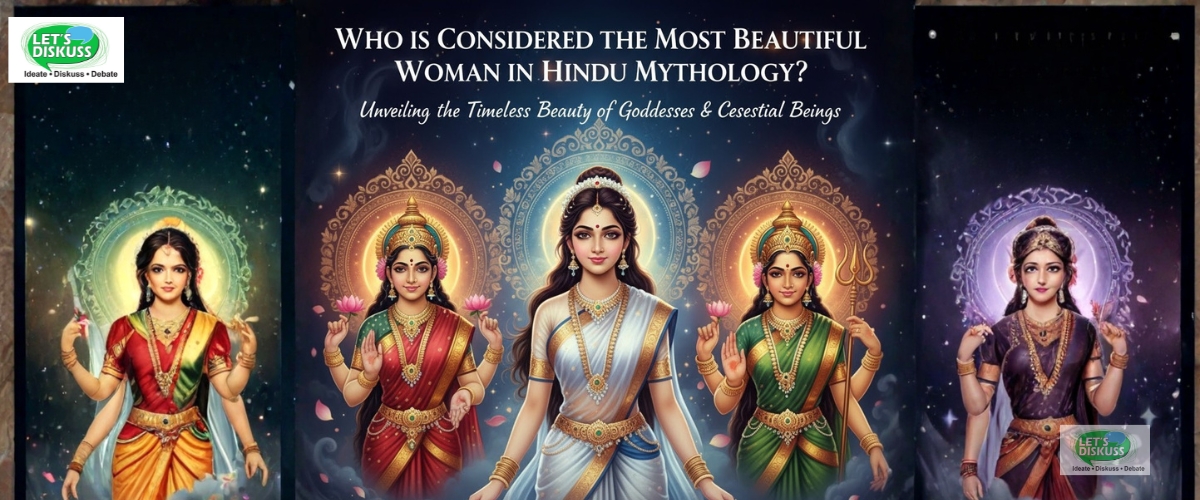 A serene illustration of the most beautiful women in Hindu Mythology — Goddess Lakshmi radiating divine grace, Mohini (Vishnu’s female avatar) symbolizing enchantment, and Draupadi from the Mahabharata standing with poise, surrounded by celestial light — representing timeless beauty in Hindu legends.