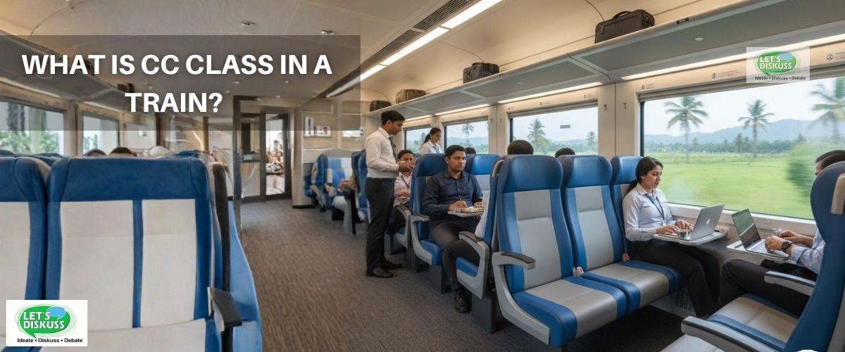 Image showing the interior of a CC (Chair Car) coach in an Indian train with passengers seated comfortably in air-conditioned surroundings. The picture highlights the seat layout, cleanliness, and modern design to explain what CC class in train looks like.