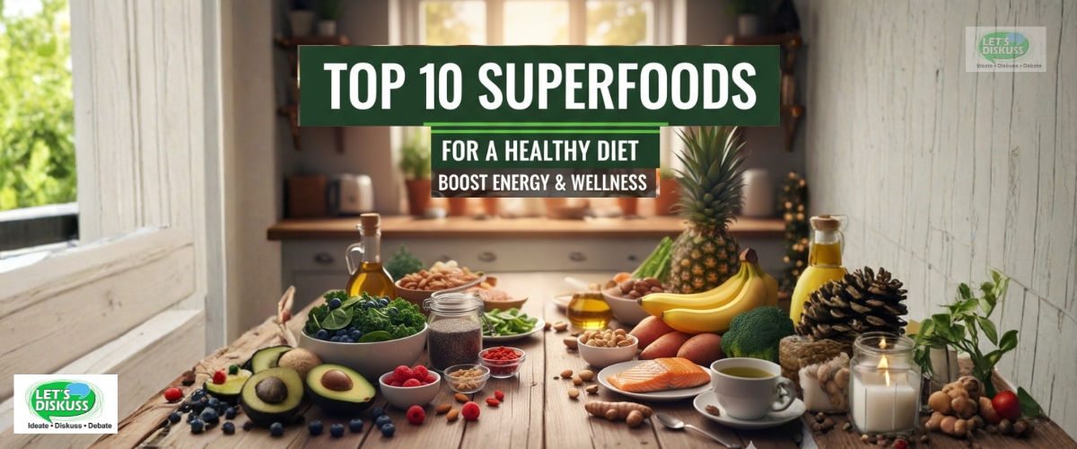 A colorful bowl filled with fresh superfoods like avocado, spinach, berries, and quinoa symbolizing a balanced healthy diet.