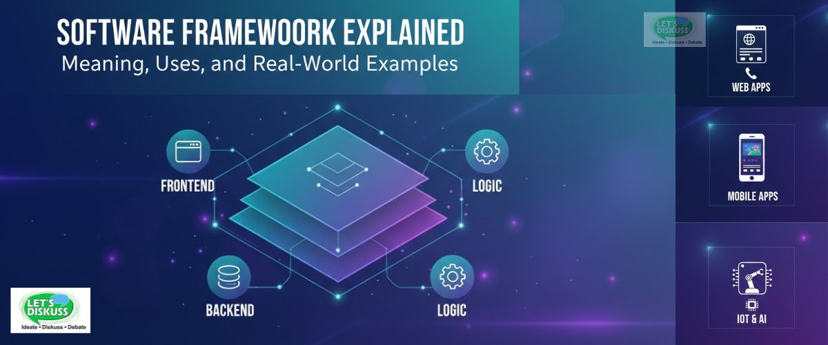 Diagram showing different types of software frameworks used in web, backend, and mobile application development.