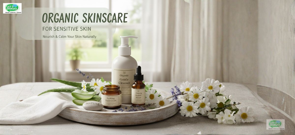 Gentle organic skincare routine for sensitive skin: soothing creams and serums calming redness.