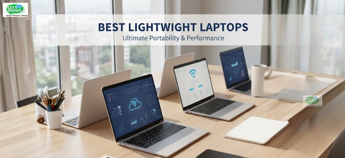 A sleek lightweight laptop on a desk, showing thin design and portable build suited for work, travel, and gaming!!!