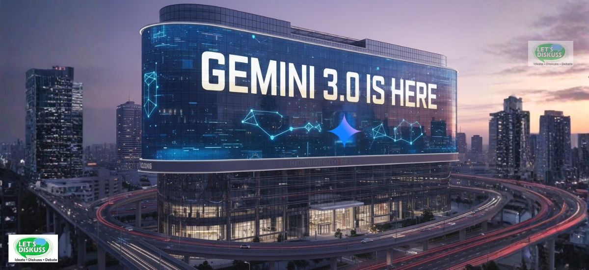 AI-themed illustration showing Google Gemini 3.0 with Deep Thinking and Antigravity agents working across devices and digital workflows.