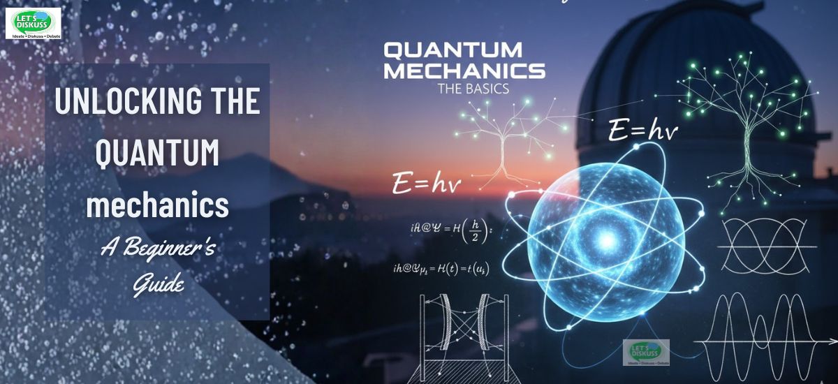 Illustration of quantum particles, electron clouds, and wave patterns showing how atoms behave in the basics of quantum mechanics.