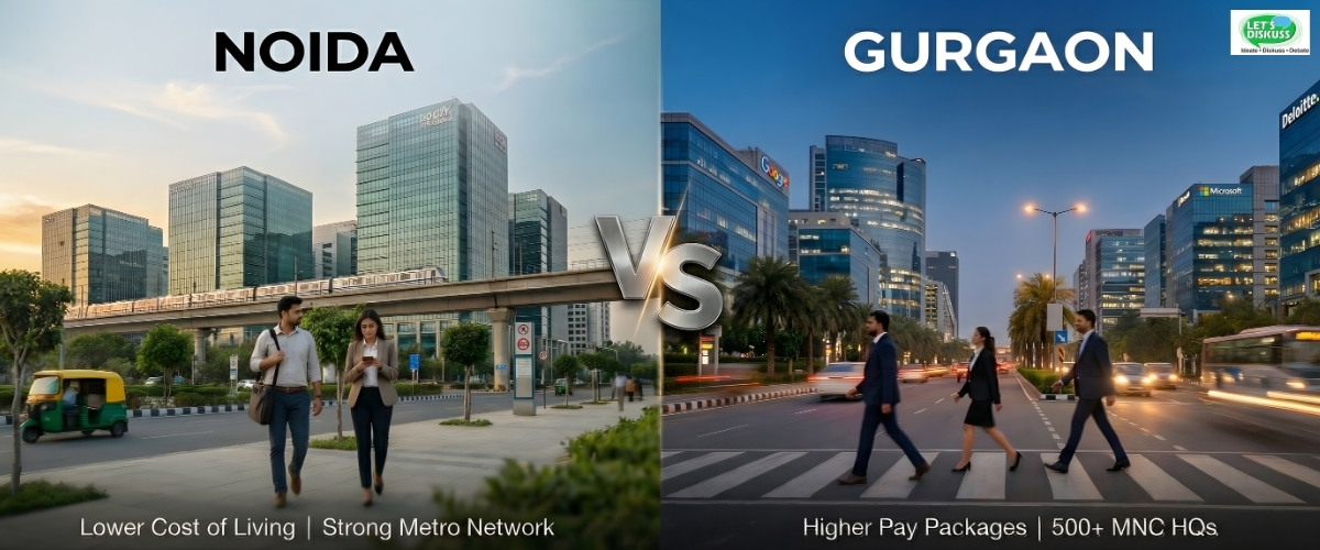 A comparison of Noida and Gurgaon showing differences in job opportunities, salaries, work culture, and overall career growth.