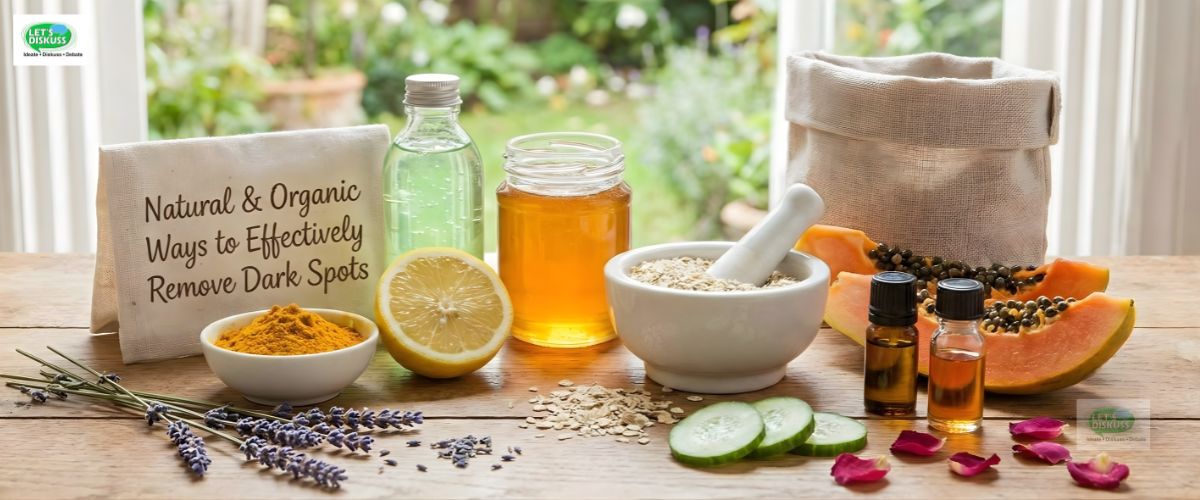 Natural and organic remedies like aloe vera, turmeric, and lemon helping fade dark spots on healthy skin