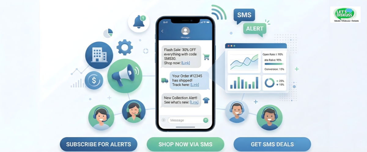 Person using a smartphone to send SMS marketing messages, with text and analytics visible on screen.