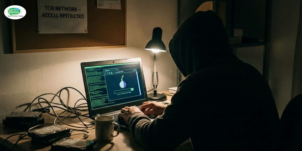 Person in hoodie using Tor browser on laptop with onion logo, accessing dark web network in dimly lit room