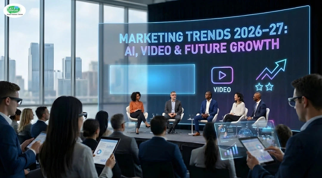 Business conference panel discussing Marketing Trends 2026–27 with AI, video, and future growth displayed on a large digital screen, audience using tablets in a modern city venue.
